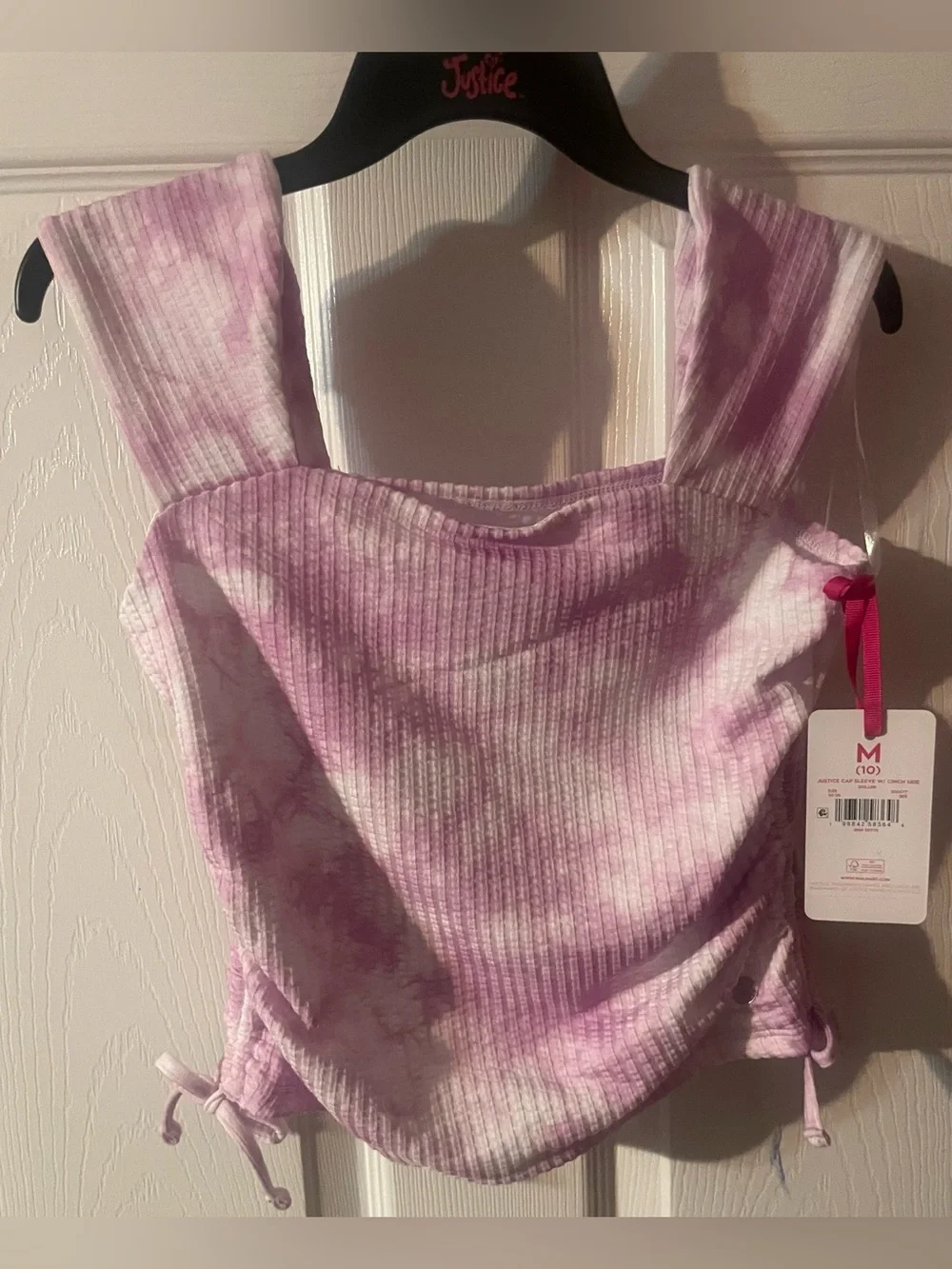 Justice Girls M 10 Pink Tie Dye Ribbed Cinch Side Square Neck Top NWT